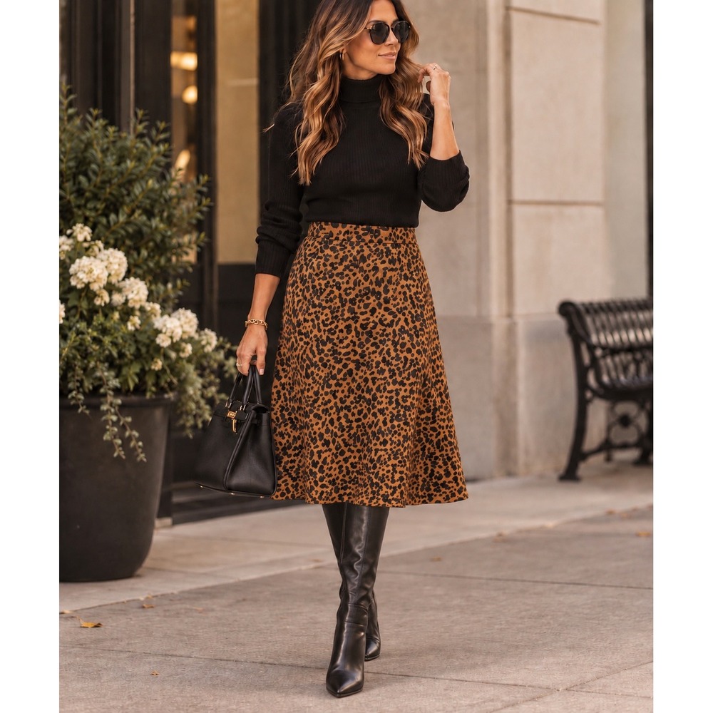 Chic Italian Fall Leopard Midi Skirt Mob Wife Quiet Luxury Retro Boho Sz 12